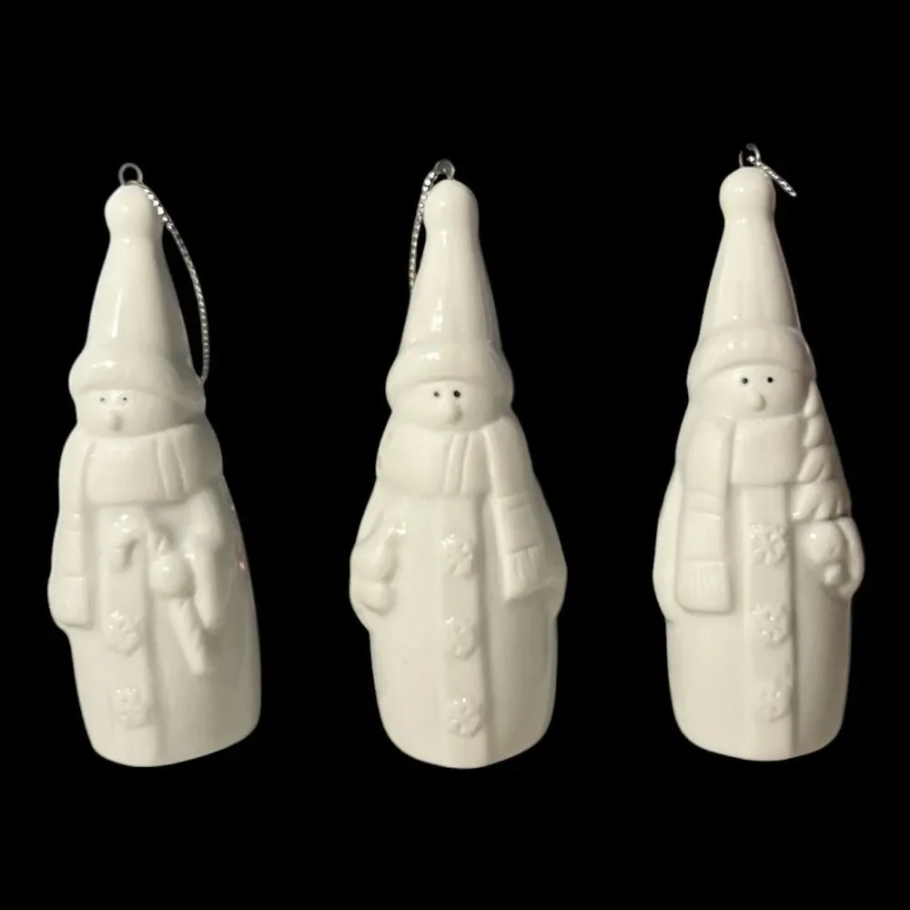 White Ceramic Snowman Ornaments Lot of 3 Christmas Holiday 4